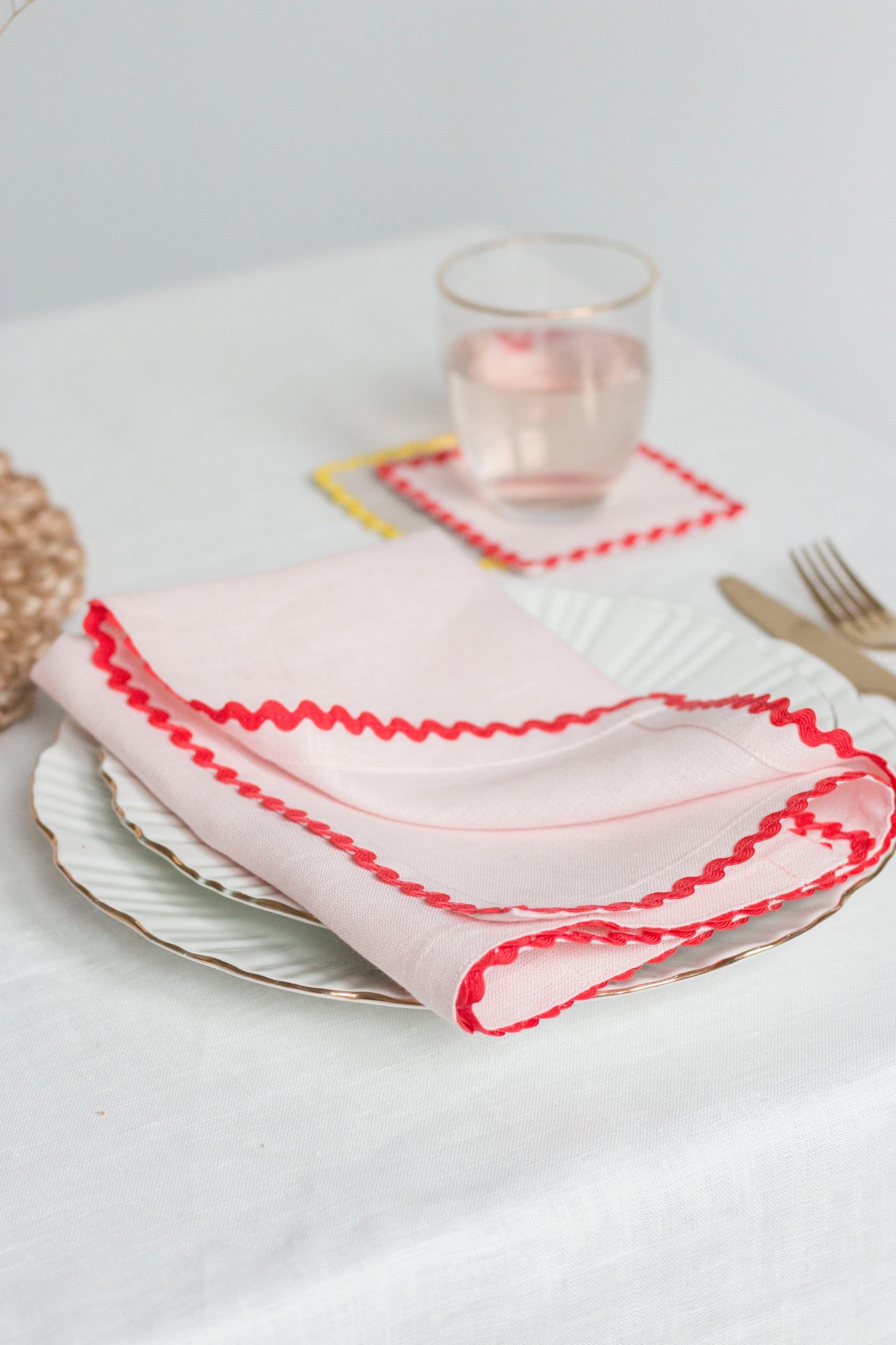 Set of 2 Pink Linen Napkins With Red Ric Rac Trim