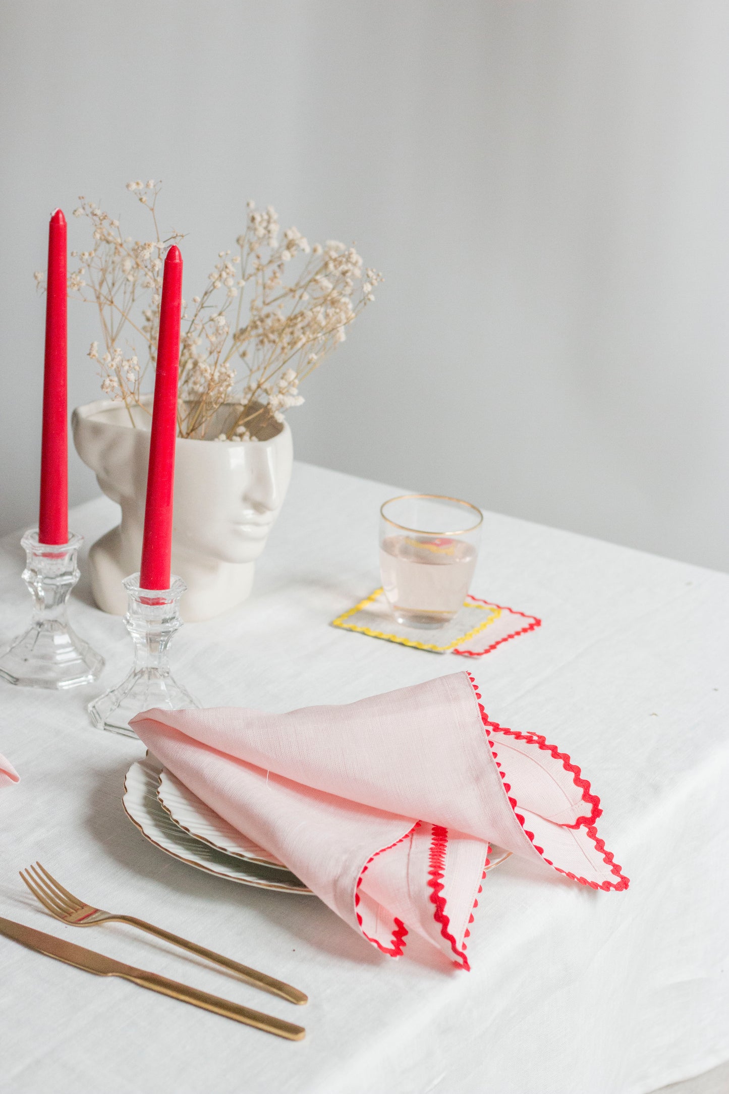 Set of 2 Pink Linen Napkins With Red Ric Rac Trim