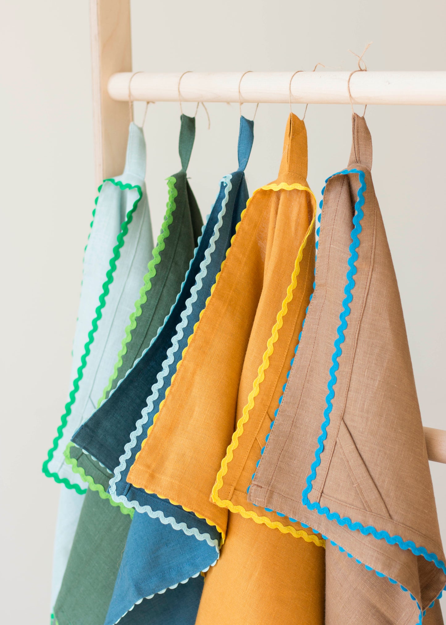 Dusty Blue Linen Kitchen Towel With Green Ric Rac Trim