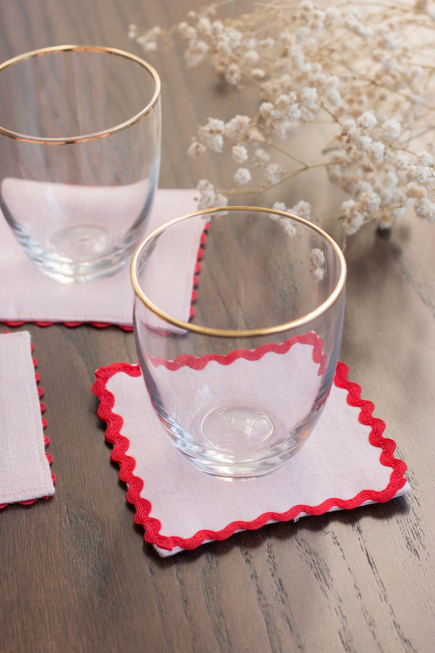 Pink Linen Coasters With Red Ric Rac Trim