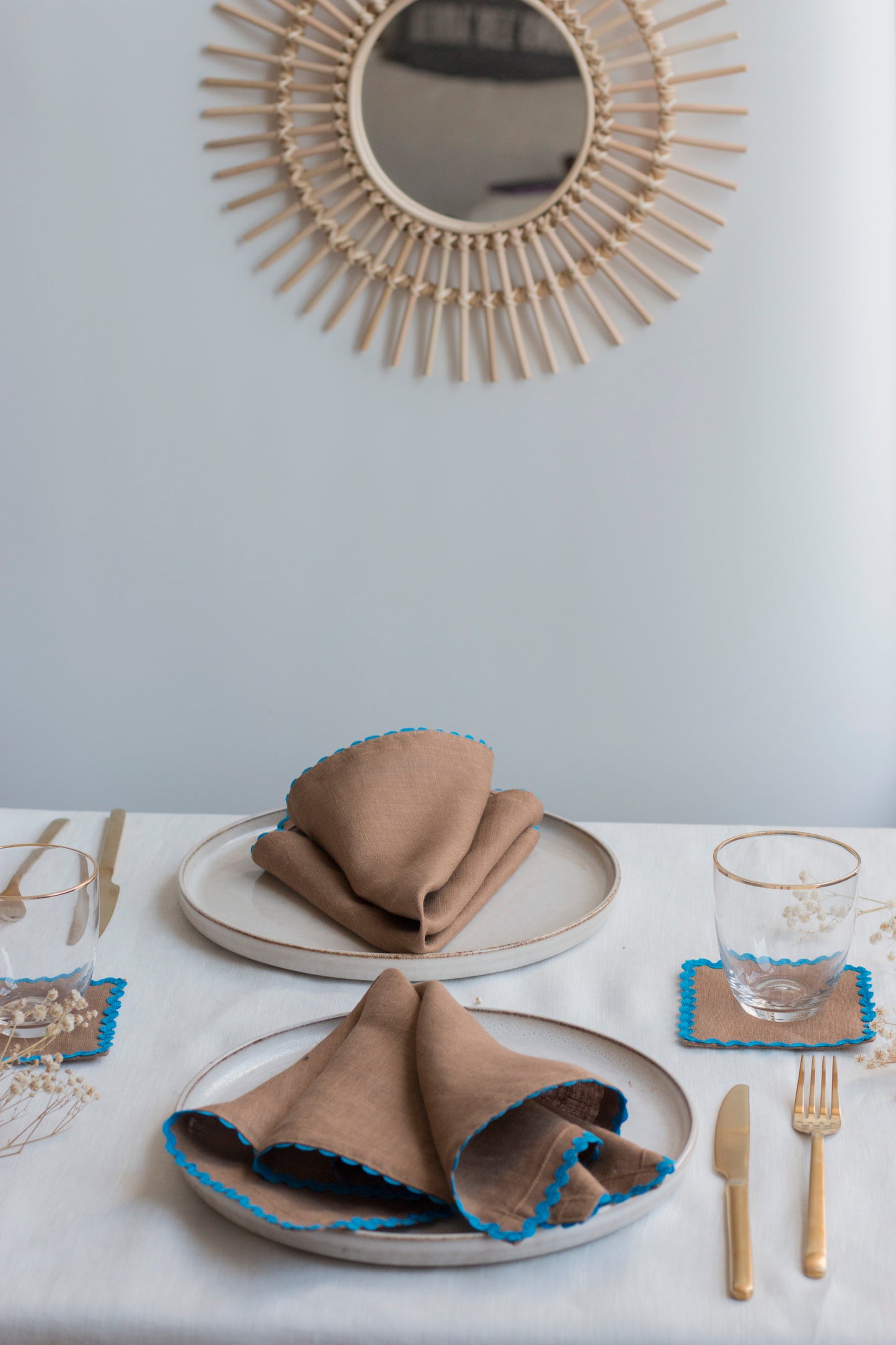 Set of 2 Caramel Brown Linen Napkins With Royal Blue Rick Rac Trim