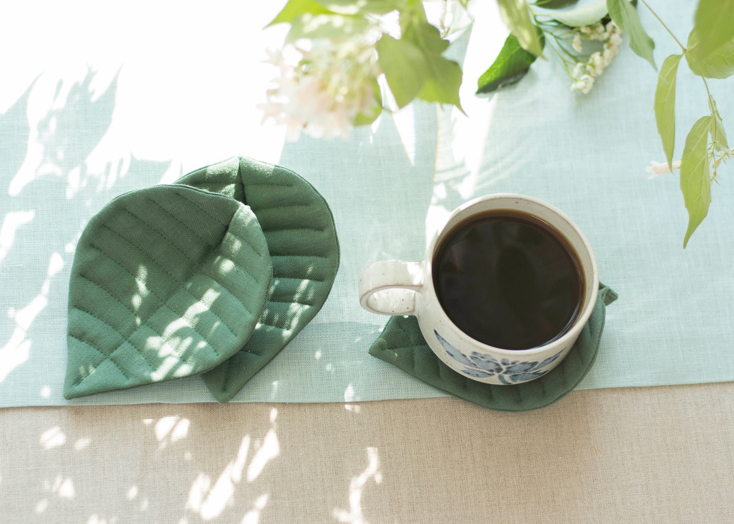 Linen Green Leaf Coaster Set of 2