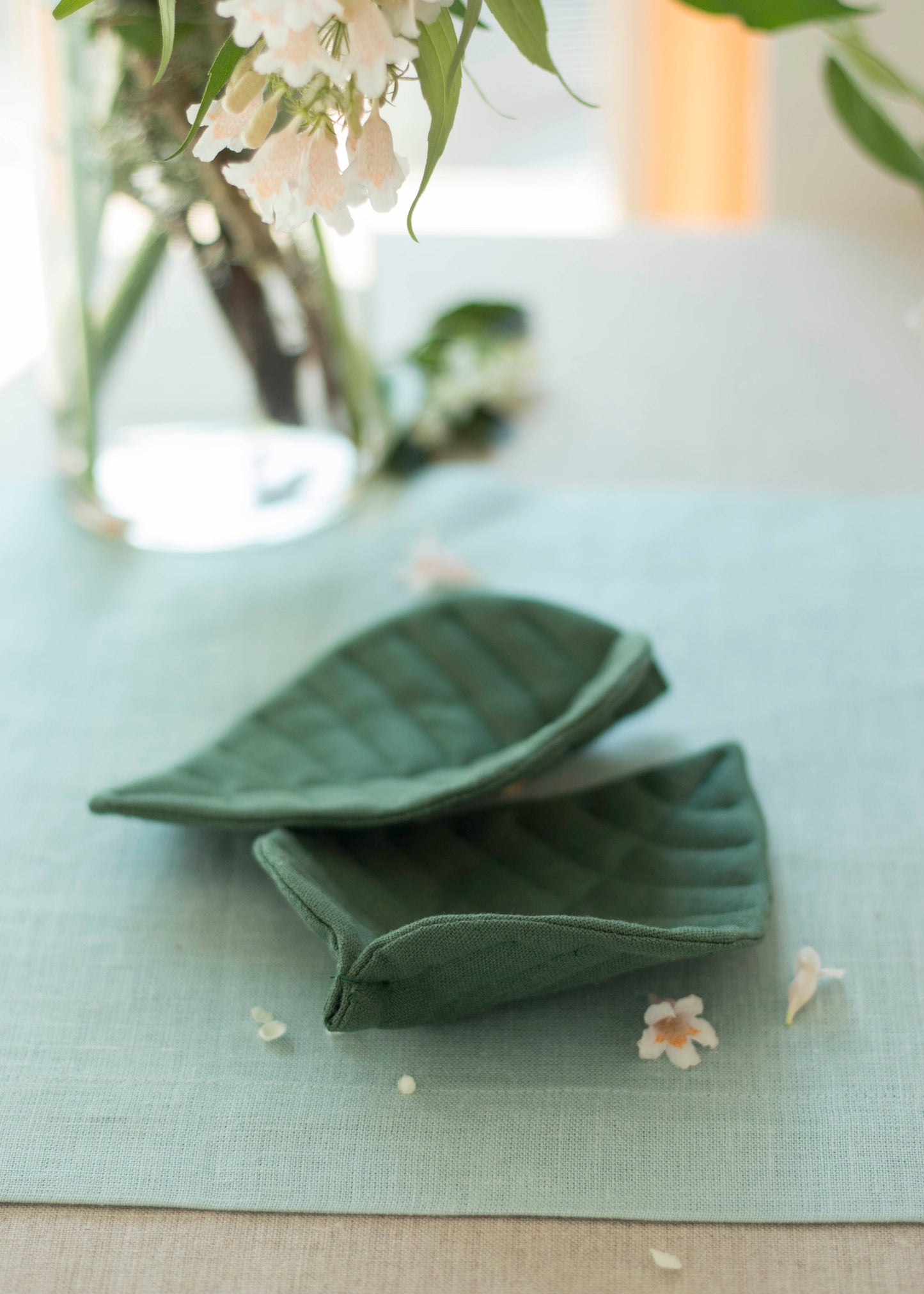 Linen Green Leaf Coaster Set of 2