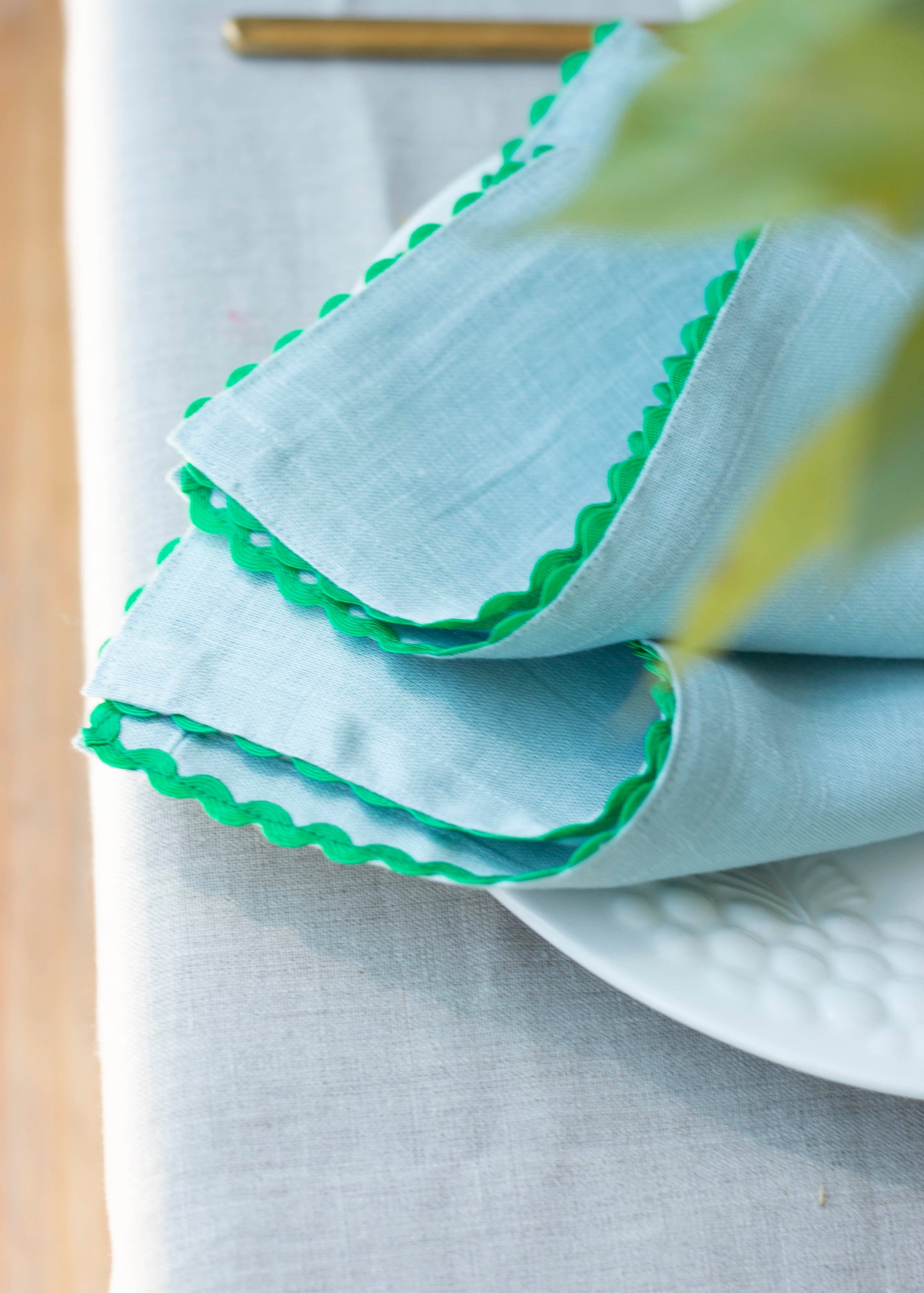 Set of 2 Dusty Blue Linen Napkins With Green Ric Rac Trim