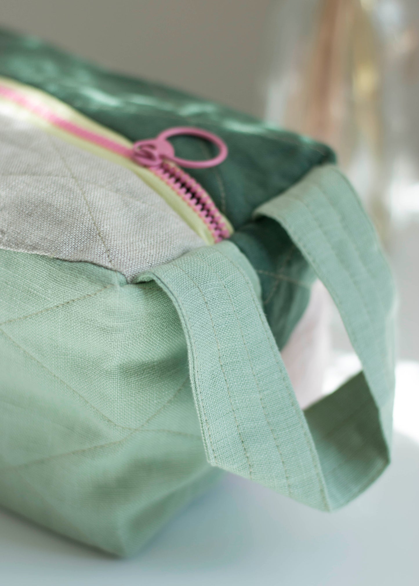 Green Pink | Linen Quilted Pouch