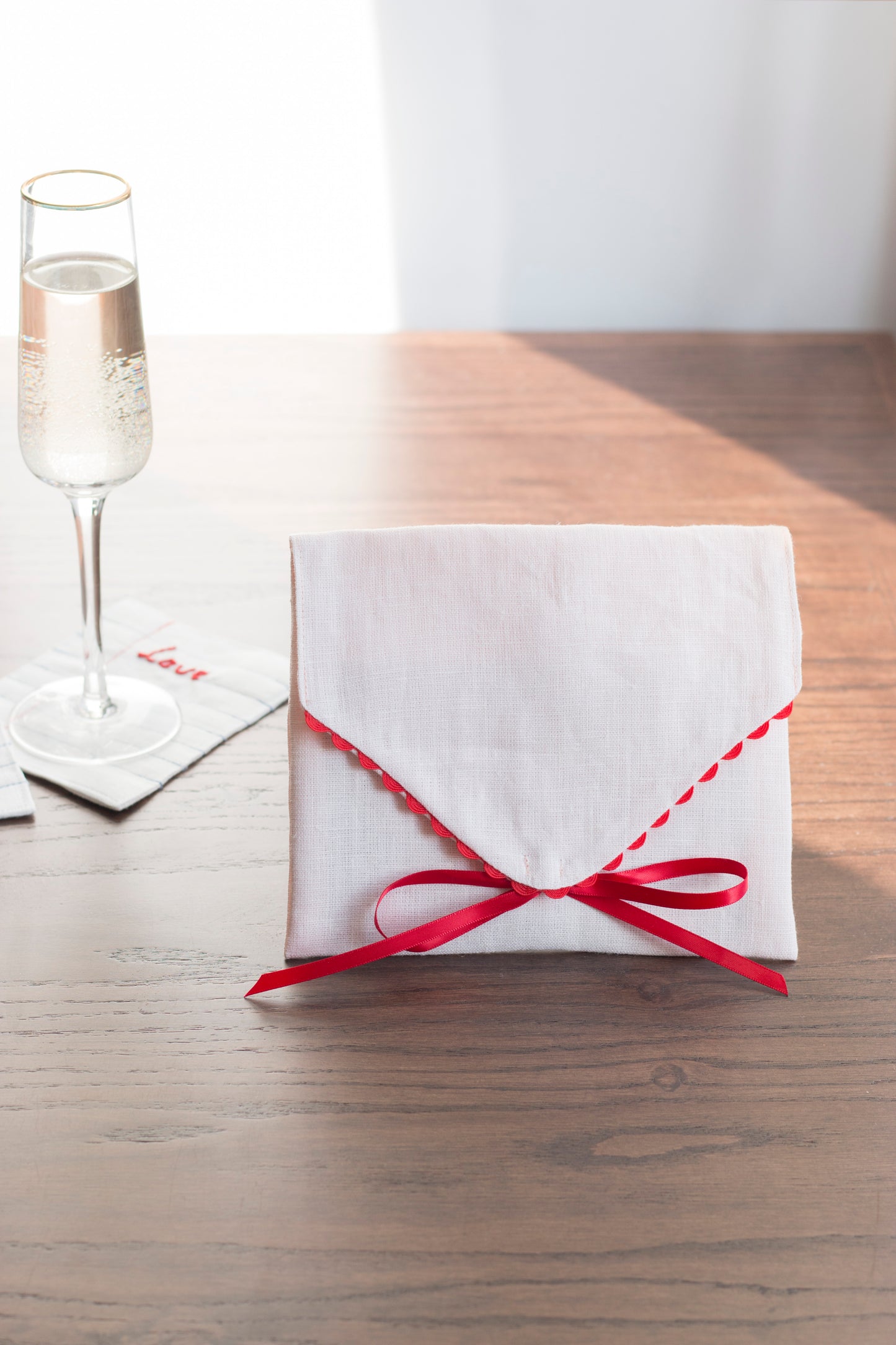Pink Linen Pouch with Red Trim
