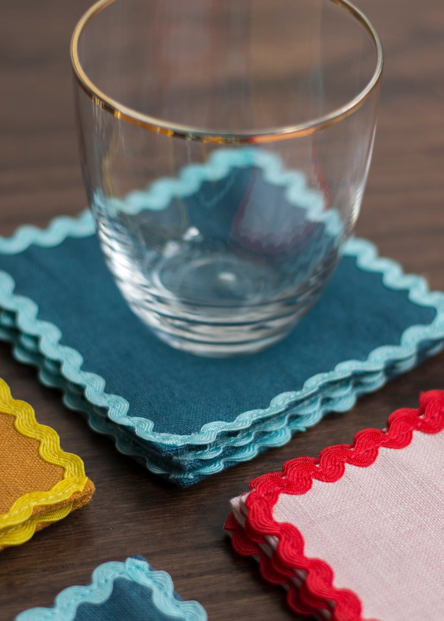 Navy Linen Coasters With Blue Ric Rac Trim