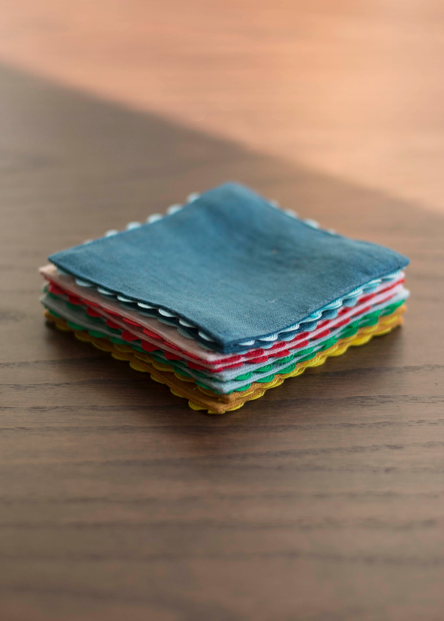 Mixed Linen Coasters With Multicolor Ric Rac Trim