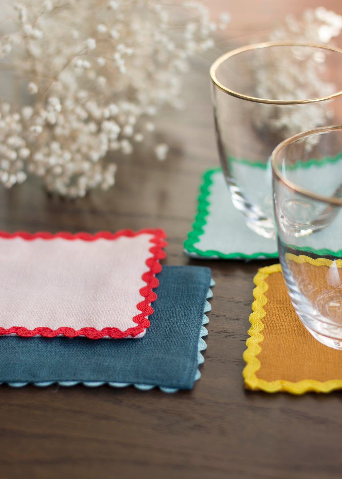 Mixed Linen Coasters With Multicolor Ric Rac Trim