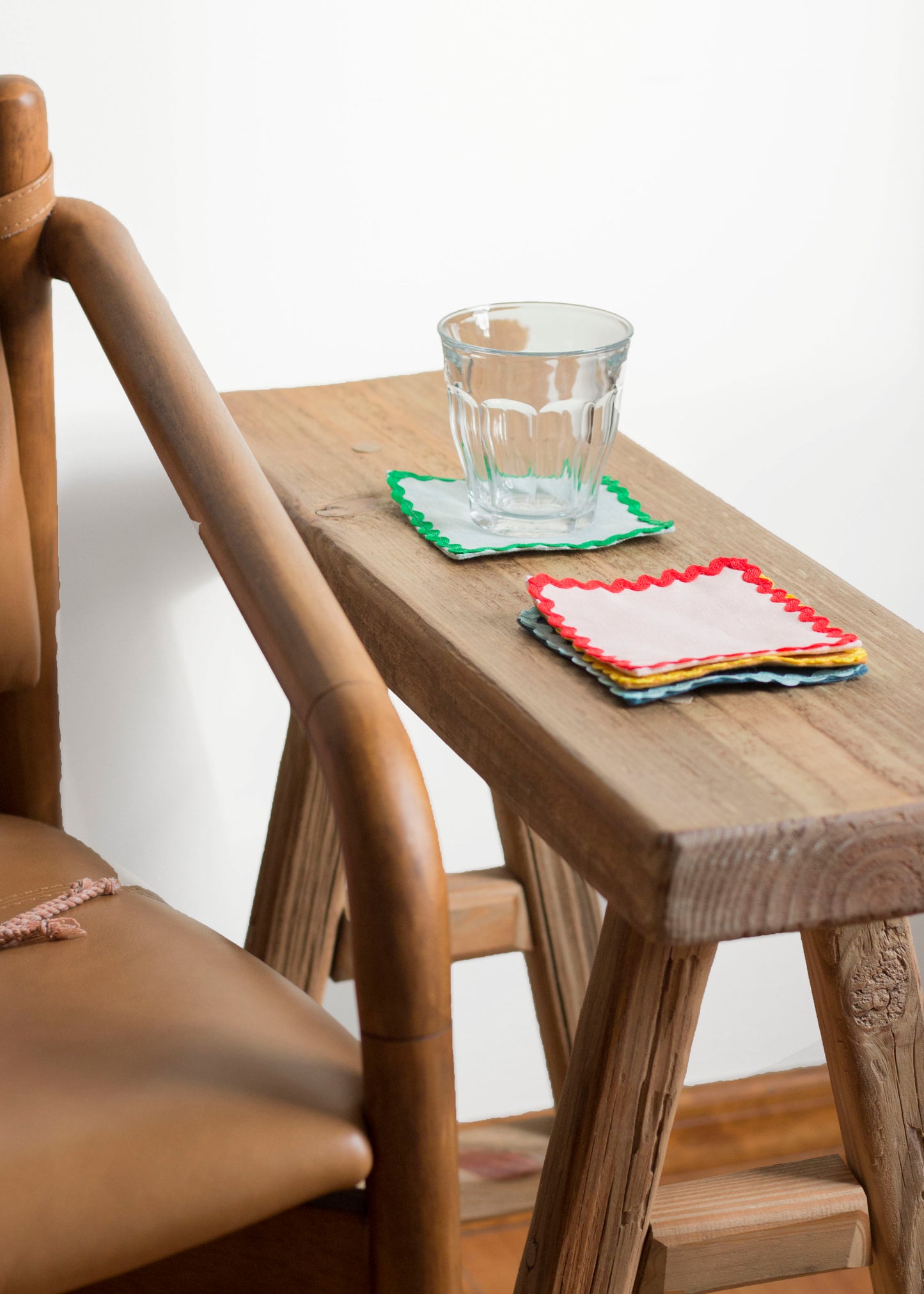 Mixed Linen Coasters With Multicolor Ric Rac Trim