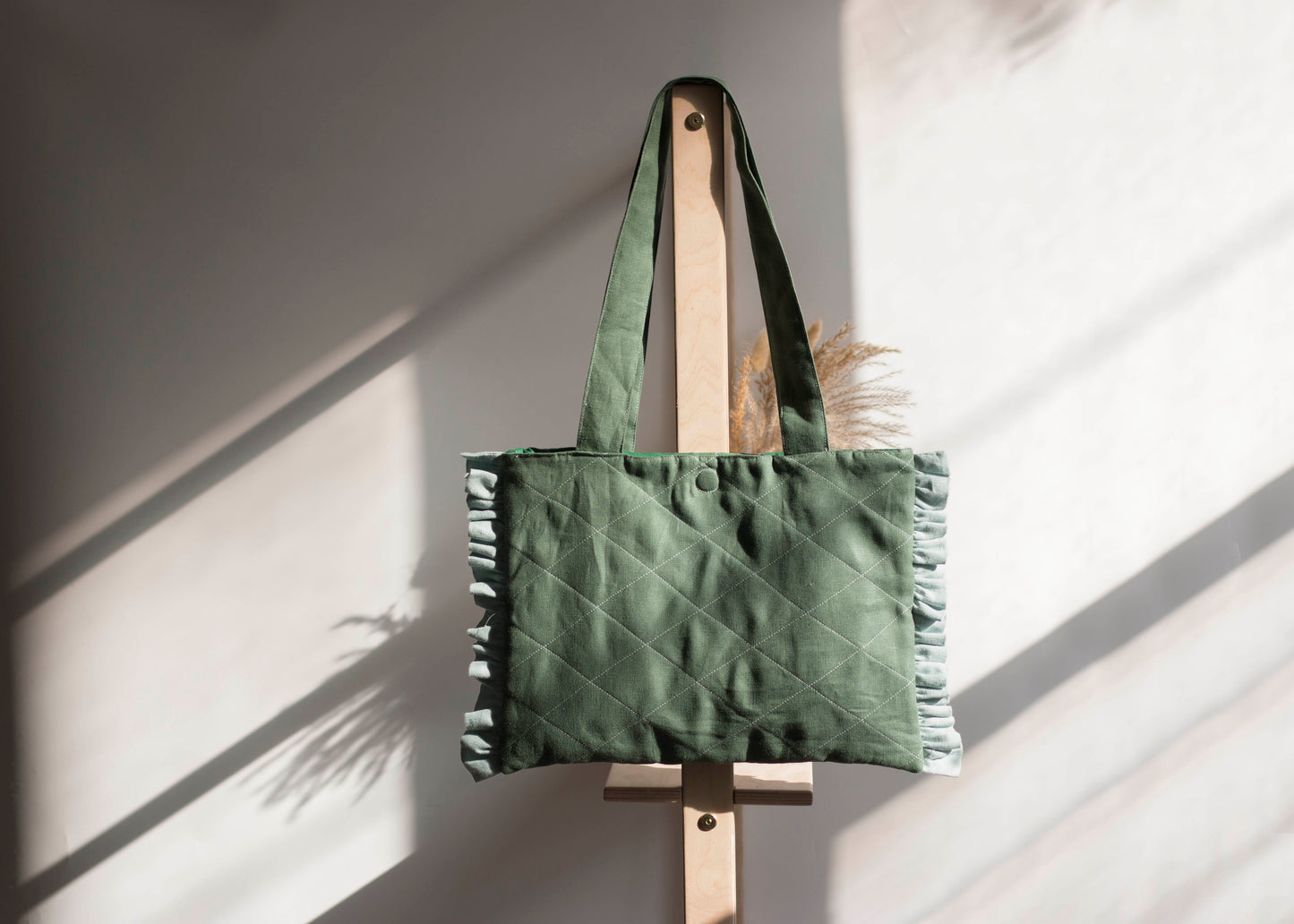 Emerald Green Linen Quilted Tote Bag with Blue Ruffles