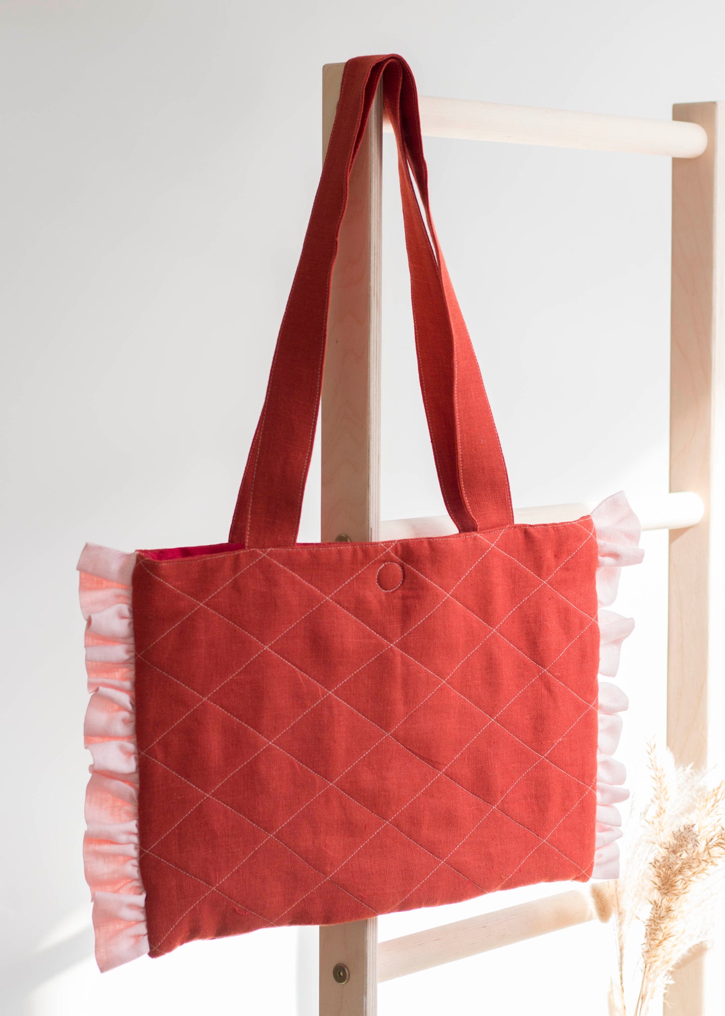 Red Linen Quilted Tote Bag with Pink Ruffles