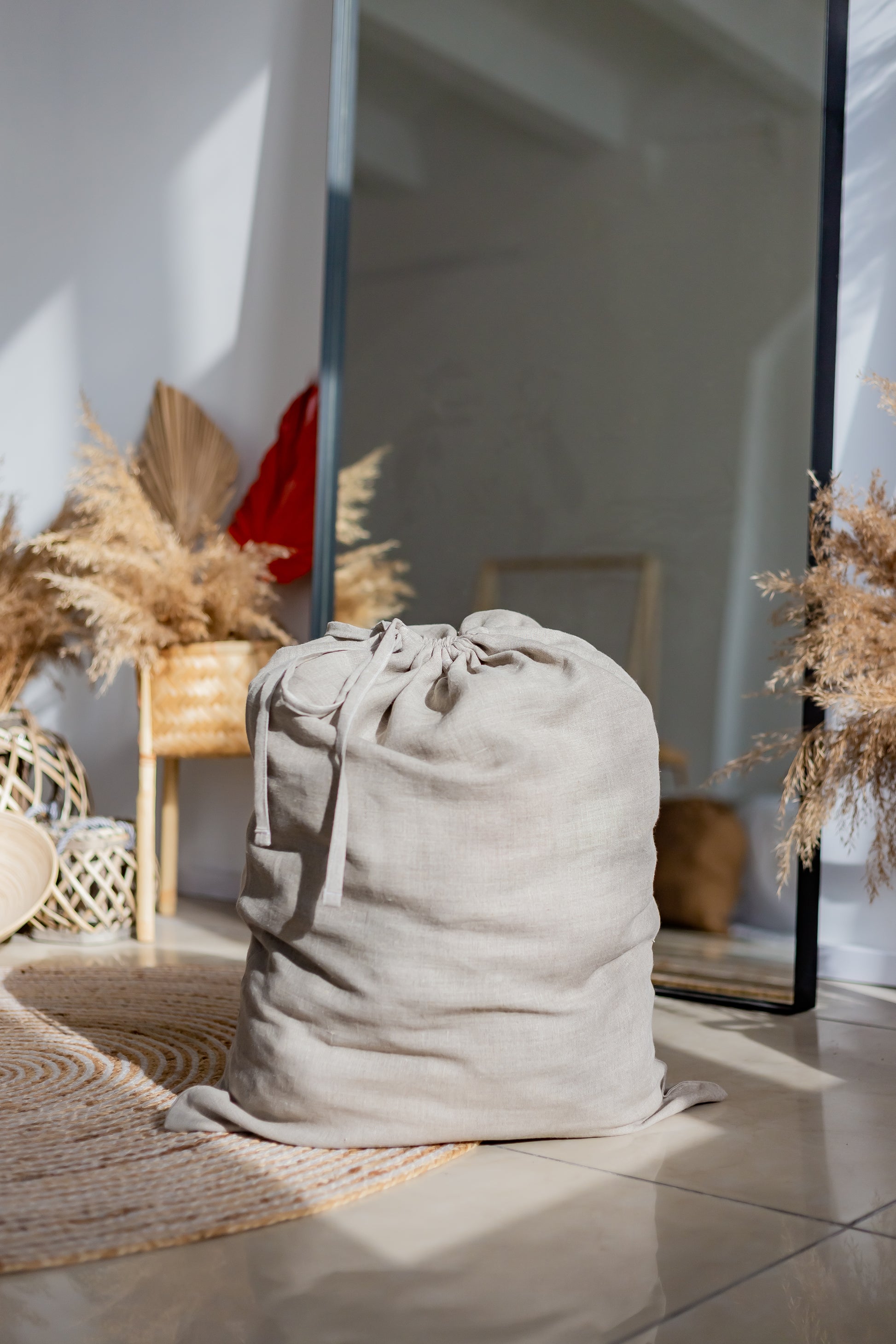 natural Linen laundry bag with drawstring closure