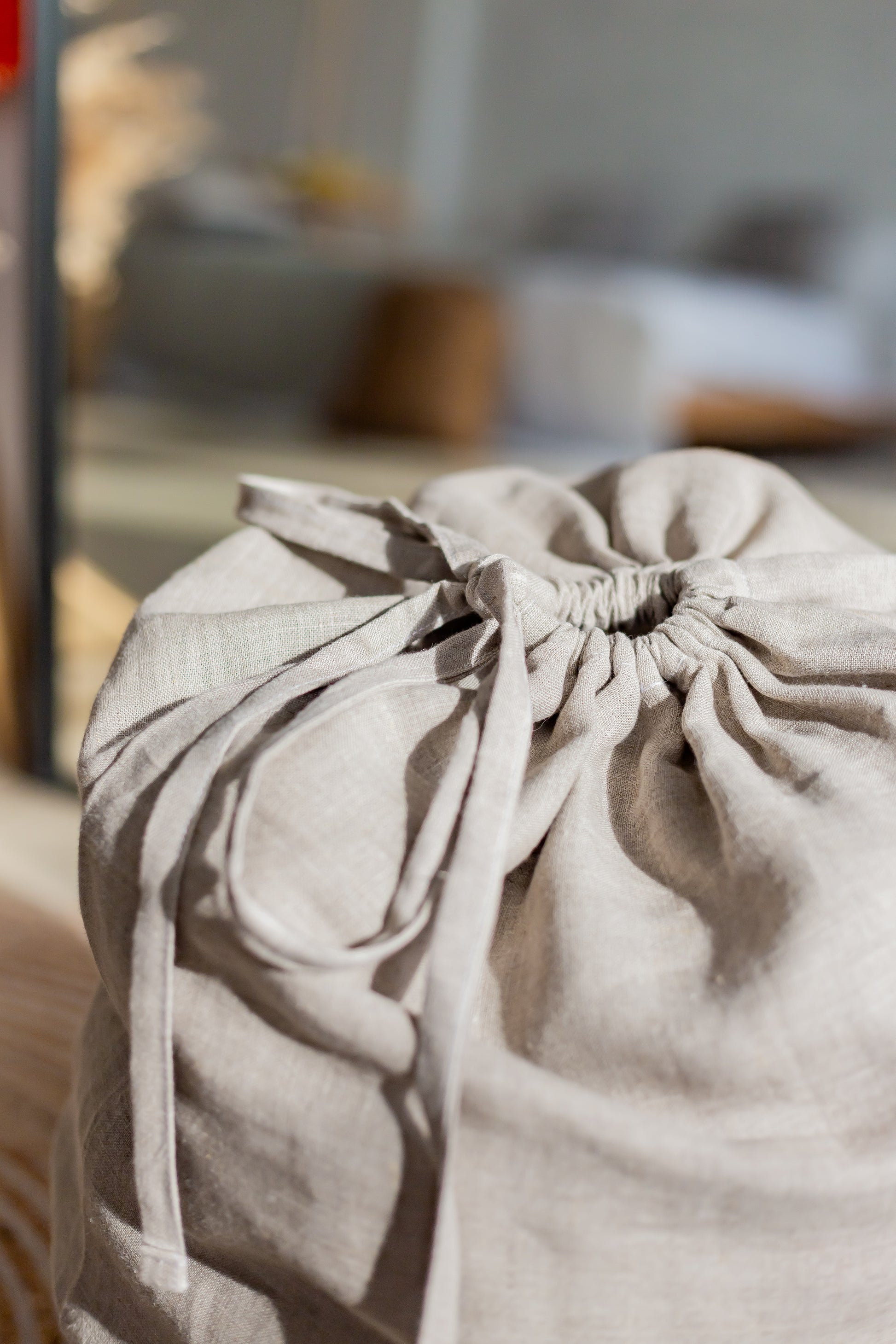 natural Linen laundry bag with drawstring closure