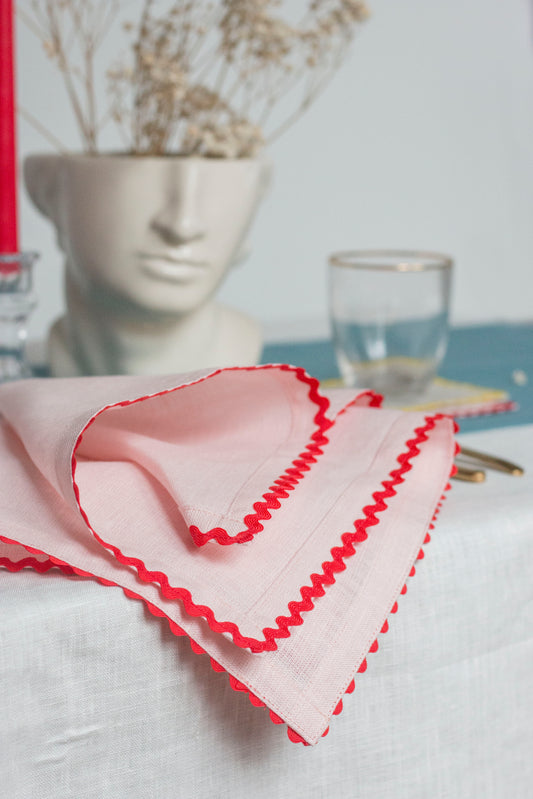 Set of 2 Pink Linen Napkins With Red Ric Rac Trim