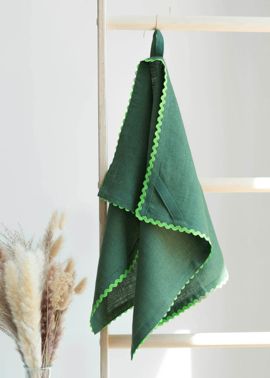 Emerald Green Linen Kitchen Towel With Green Ric Rac Trim