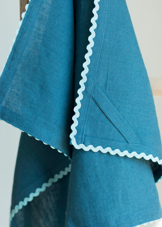 Deep Ocean Linen Kitchen Towel With Blue Ric Rac Trim