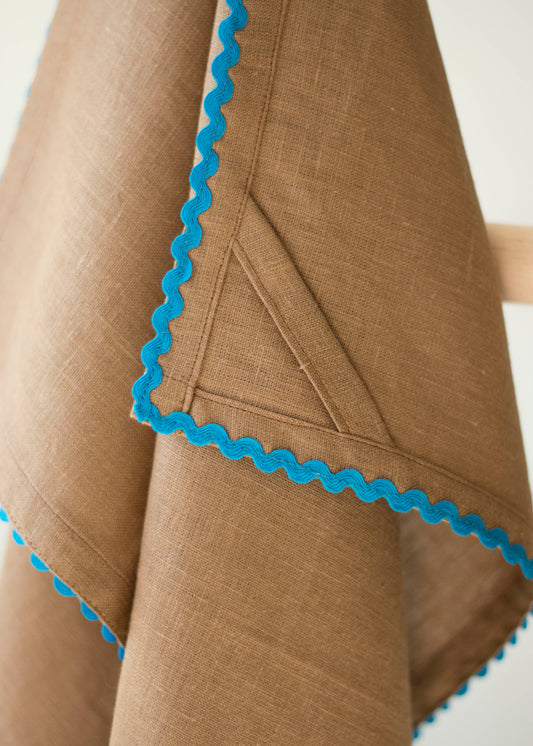 Caramel Brown Linen Kitchen Towel With Blue Ric Rac Trim