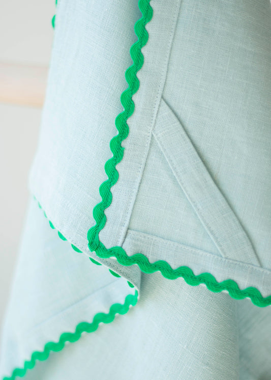 Dusty Blue Linen Kitchen Towel With Green Ric Rac Trim