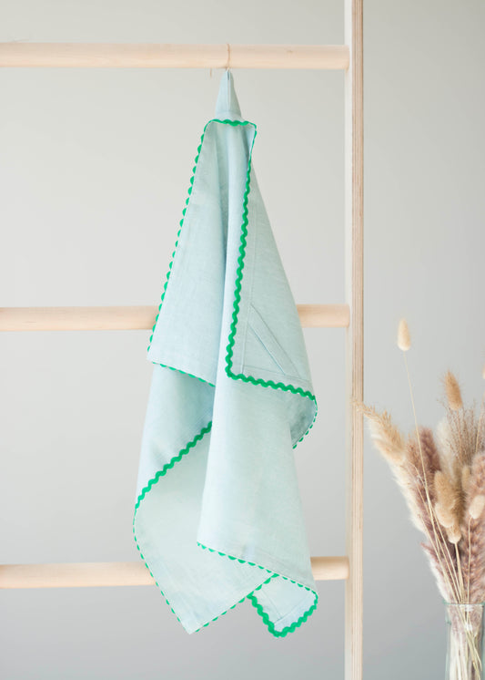 Dusty Blue Linen Kitchen Towel With Green Ric Rac Trim