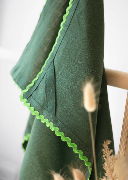 Emerald Green Linen Kitchen Towel With Green Ric Rac Trim