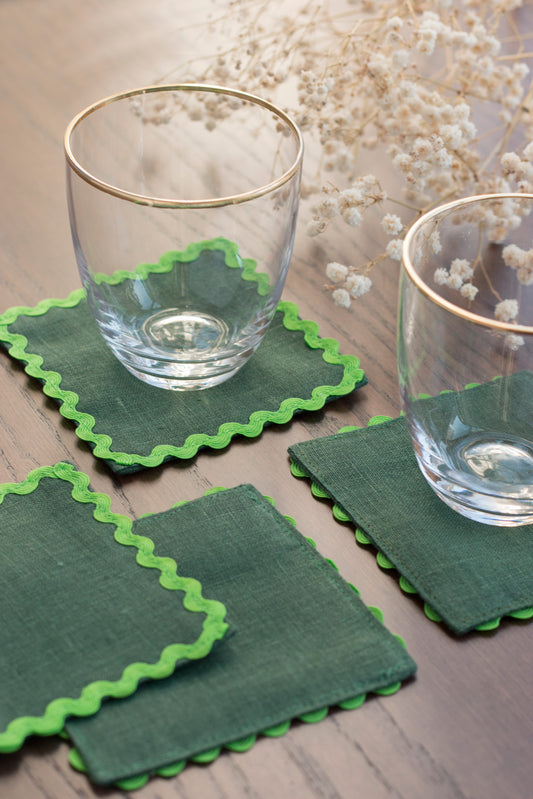 Emerald Green Linen Coasters with Green Rick Rack Trim