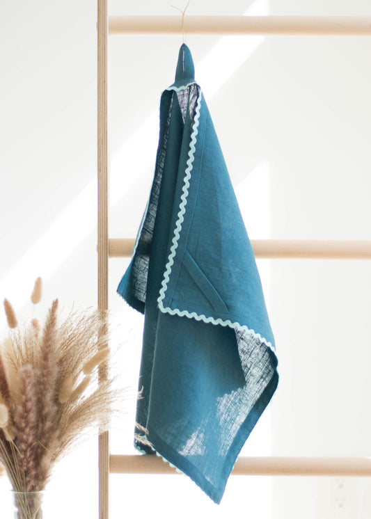 Deep Ocean Linen Kitchen Towel With Blue Ric Rac Trim