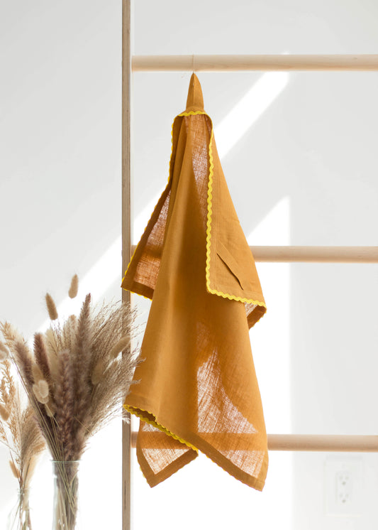 Yellow Ochre Linen Kitchen Towel With Yellow Ric Rac Trim