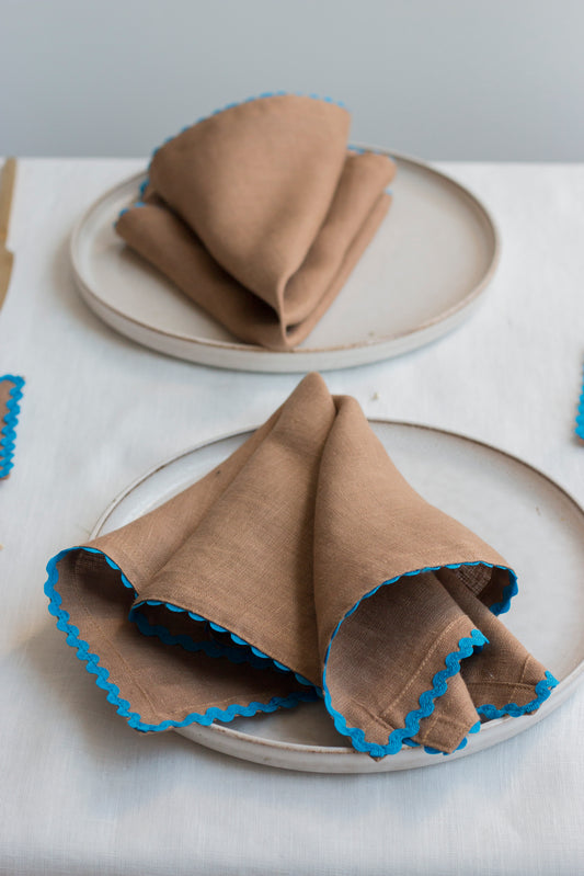 Set of 2 Caramel Brown Linen Napkins With Royal Blue Rick Rac Trim