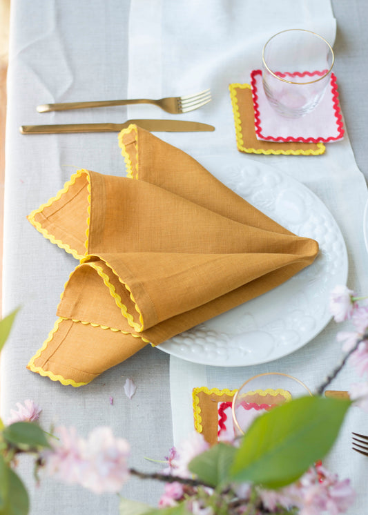 Set of 2 Yellow Ochre Linen Napkins With Yellow Ric Rac Trim