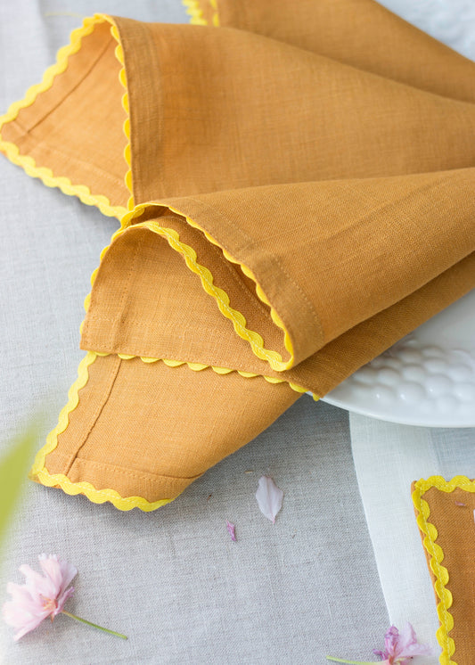Set of 2 Yellow Ochre Linen Napkins With Yellow Ric Rac Trim