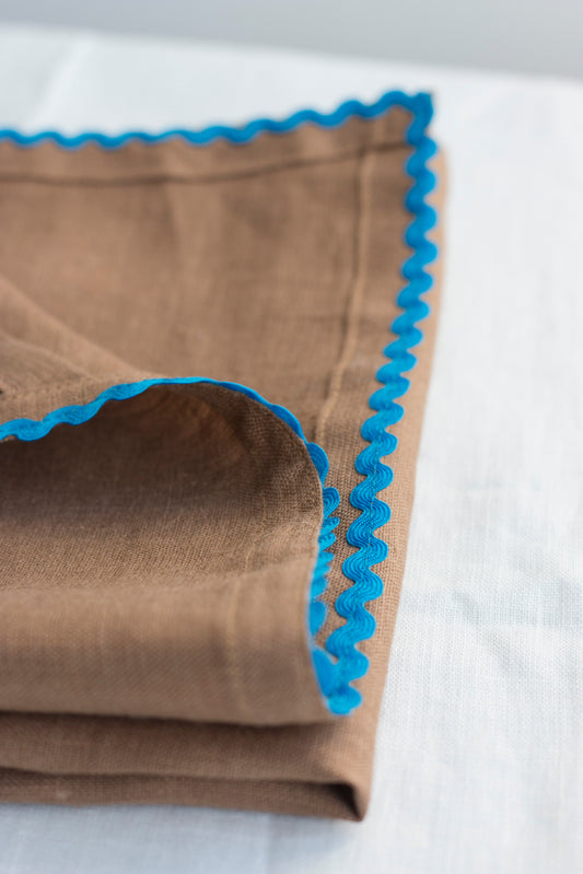 Set of 2 Caramel Brown Linen Napkins With Royal Blue Rick Rac Trim