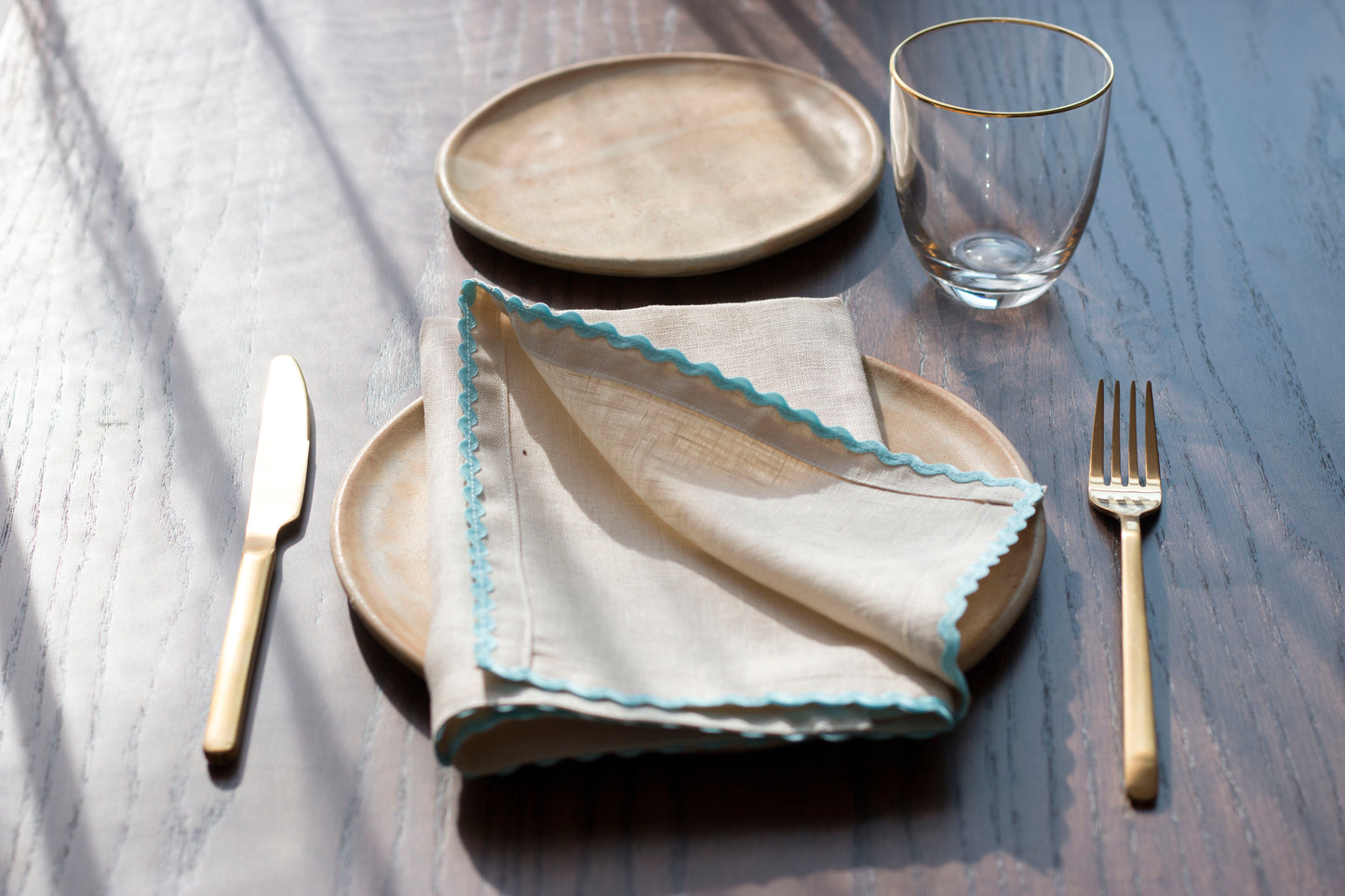 Set of 2 Ivory Linen Napkins With Baby Blue Ric Rac Trim