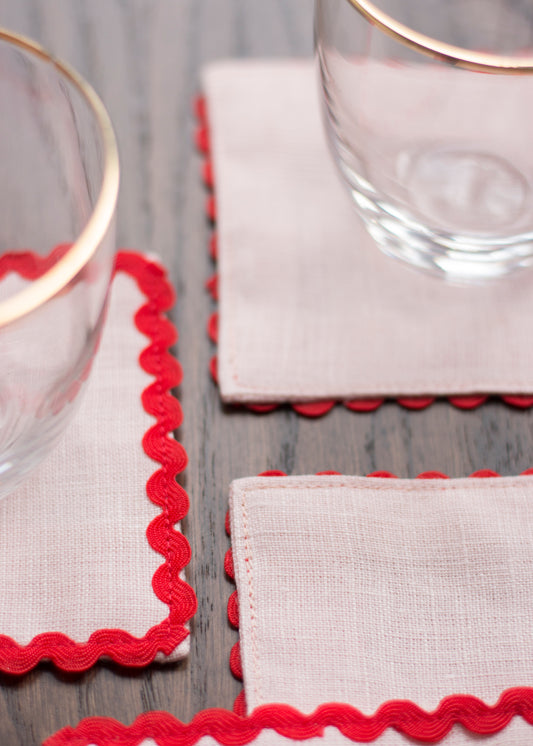 Pink Linen Coasters With Red Ric Rac Trim
