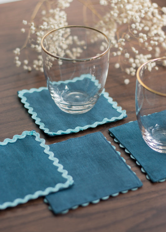 Navy Linen Coasters With Blue Ric Rac Trim