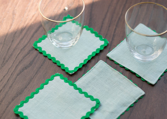 Dusty Blue Linen Coasters with Green Ric Rac Trim
