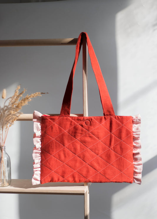 Red Linen Quilted Tote Bag with Pink Ruffles