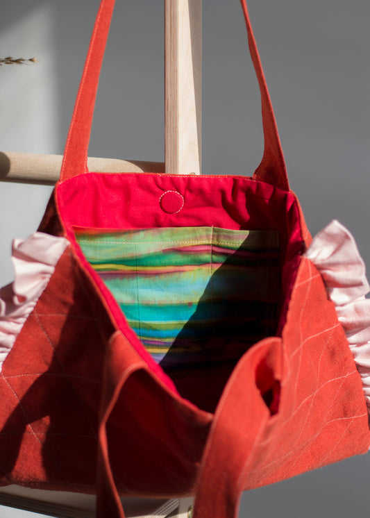 Red Linen Quilted Tote Bag with Pink Ruffles
