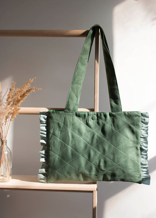 Emerald Green Linen Quilted Tote Bag with Blue Ruffles