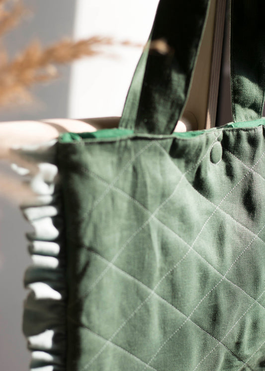Emerald Green Linen Quilted Tote Bag with Blue Ruffles