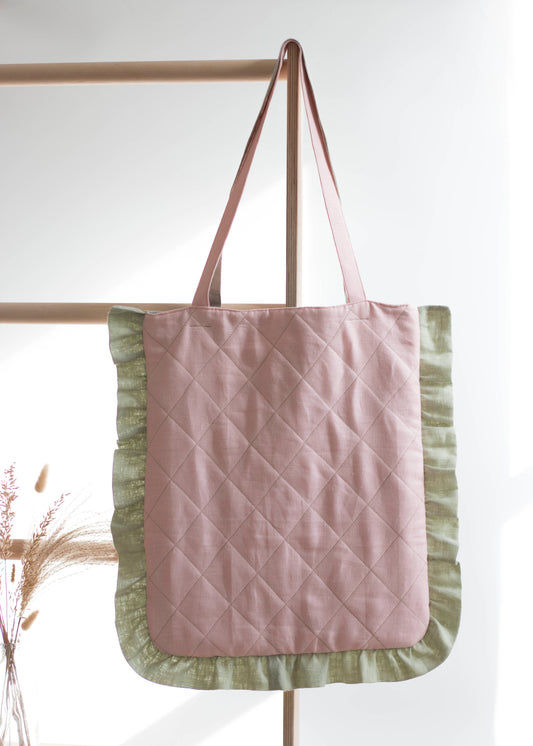 Baby Pink Linen Quilted Tote Bag with Green Blue Ruffles