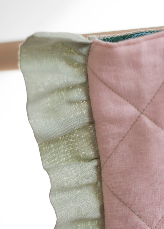 Baby Pink Linen Quilted Tote Bag with Green Blue Ruffles