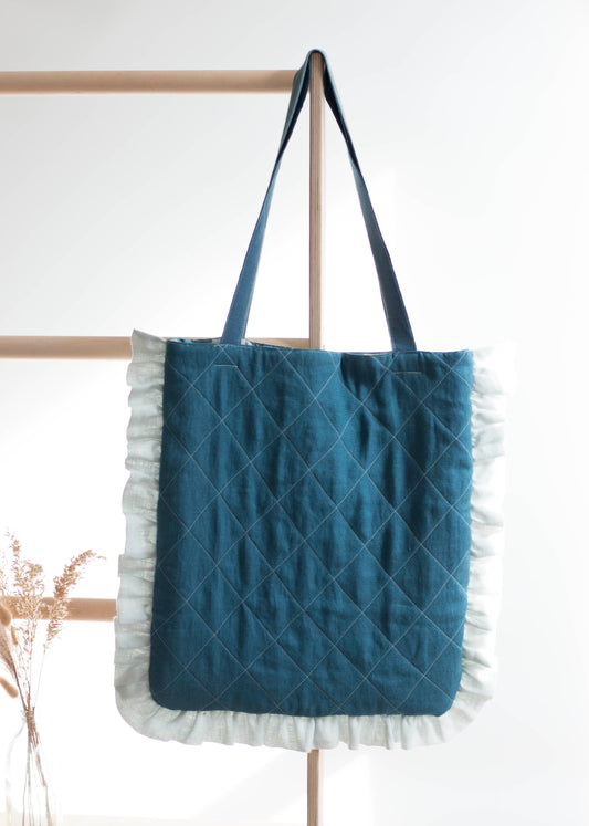 Deep Blue Linen Quilted Tote Bag with Sky Blue Ruffles