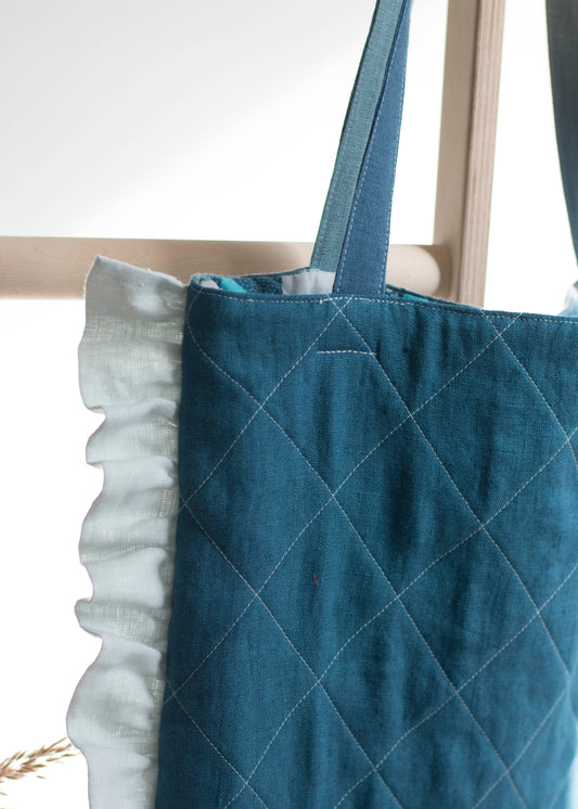 Deep Blue Linen Quilted Tote Bag with Sky Blue Ruffles