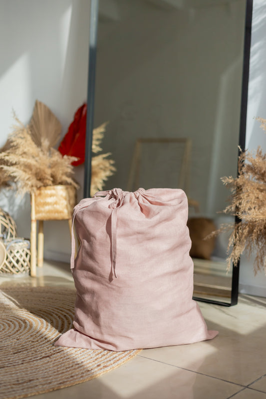 Dusty Pink Linen laundry bag with drawstring closure
